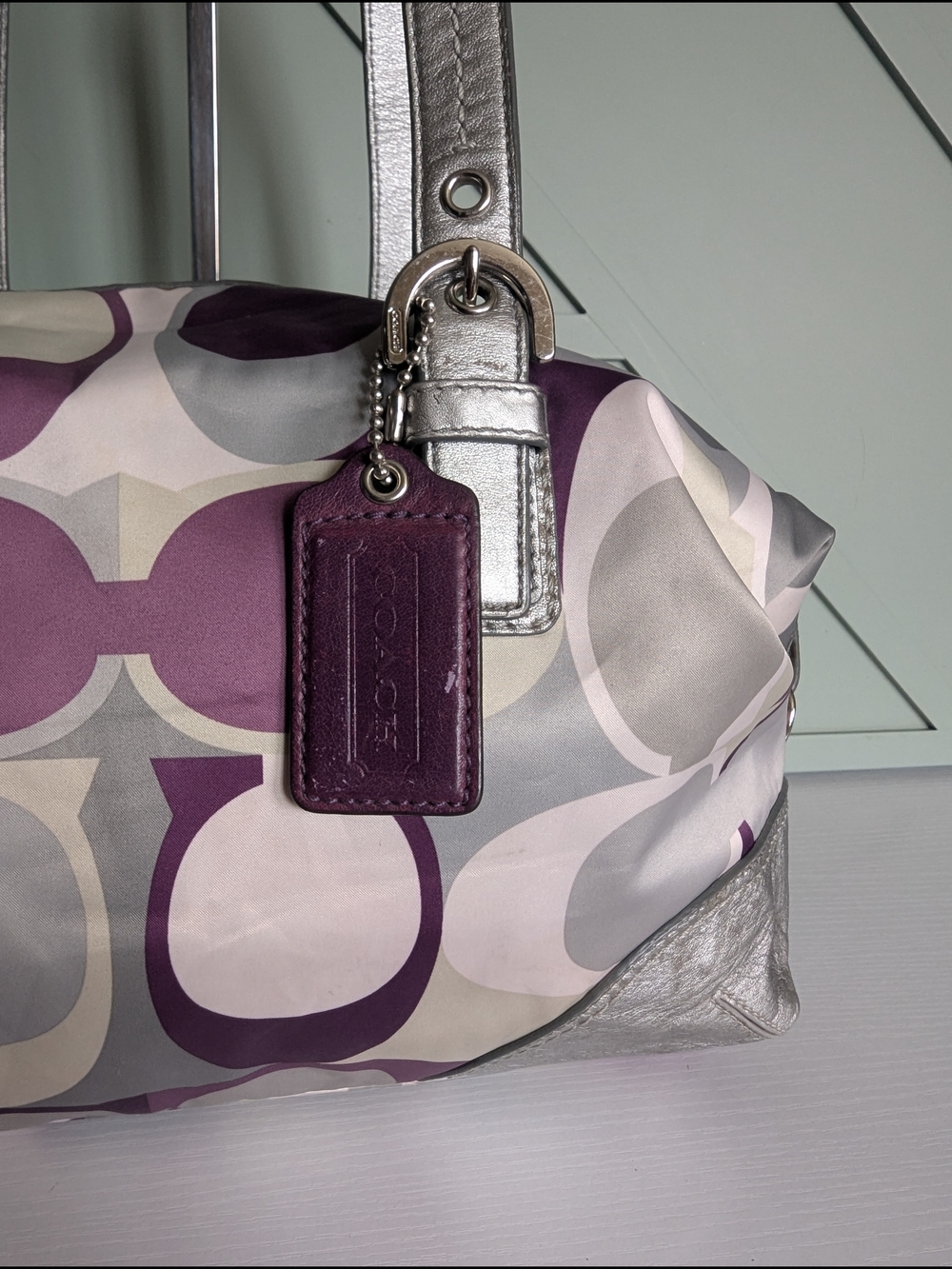 Coach Purple Signature Canvas Satchel with Silver Leather Trim - Picture 2 of 10